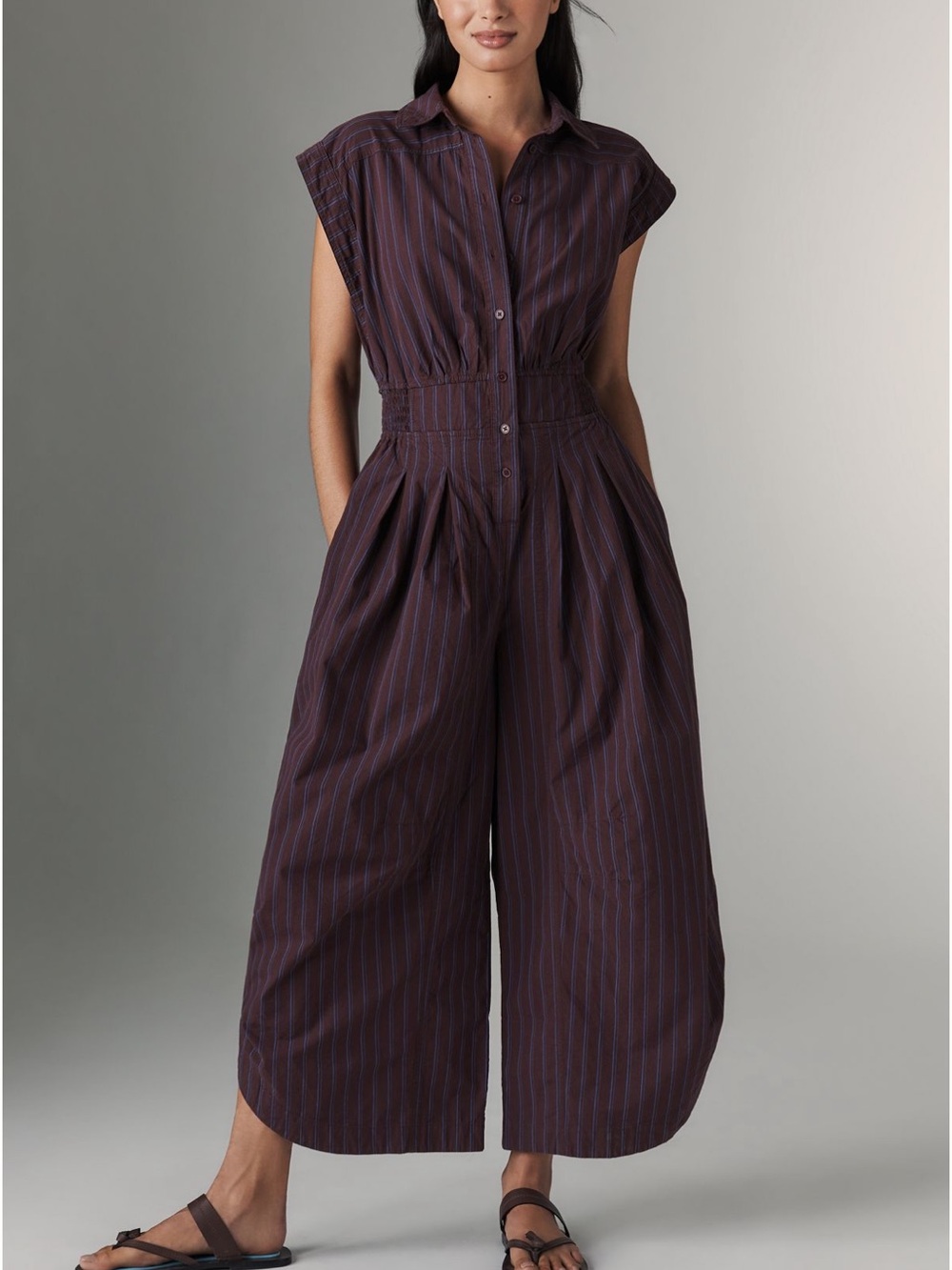 Anthropologie Burgundy PlumPinstripe Button-Front Wide-Leg Jumpsuit